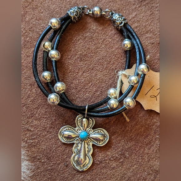 New Handcrafted Black Corded Bracelet With Silver Color Beads and Cross Charm - Picture 2 of 8